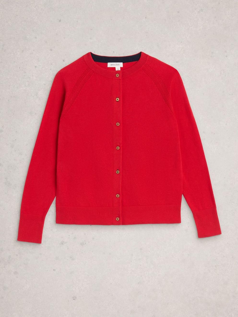 LULU CREW NECK LONG SLEEVE CARDI in MID RED - FLAT FRONT