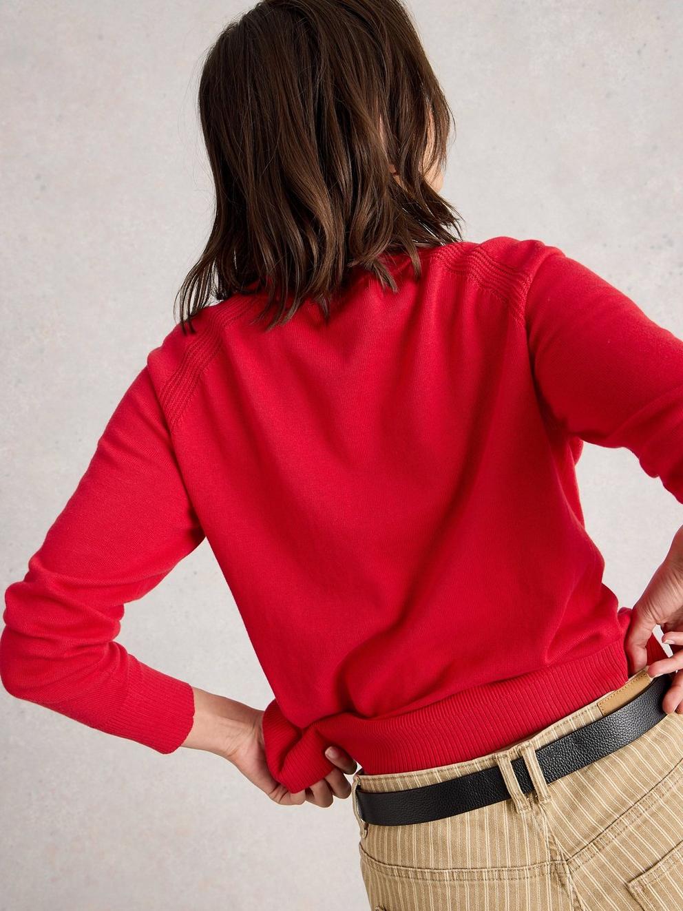 LULU CREW NECK LONG SLEEVE CARDI in MID RED - MODEL BACK
