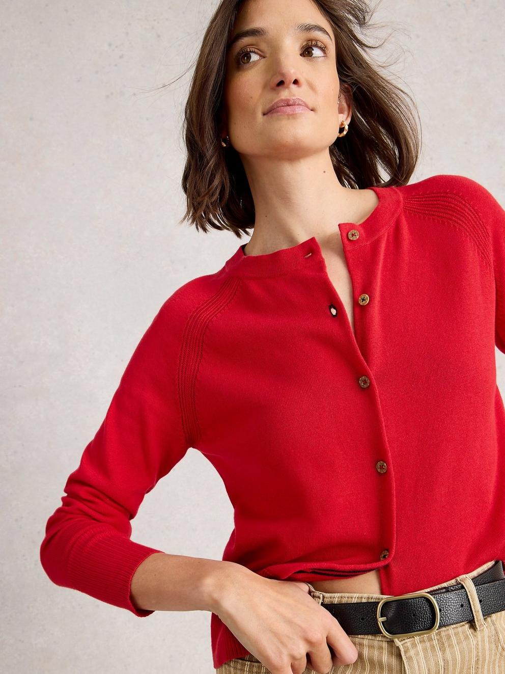 LULU CREW NECK LONG SLEEVE CARDI in MID RED - MODEL DETAIL