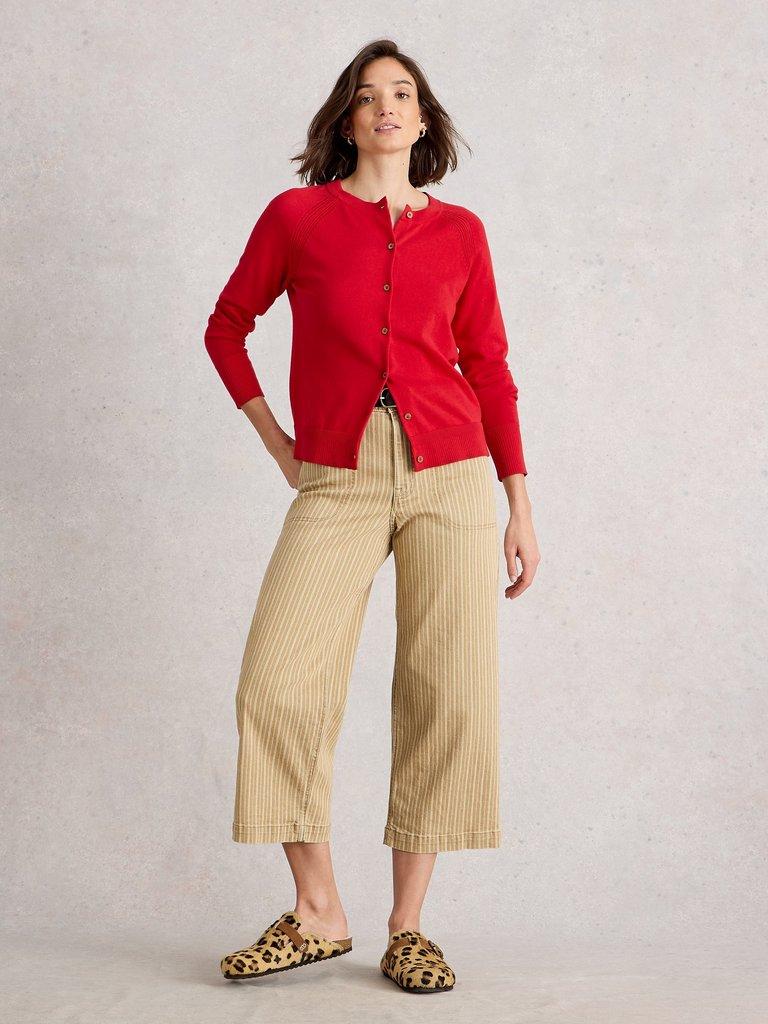 LULU CREW NECK LONG SLEEVE CARDI in MID RED - MODEL FRONT