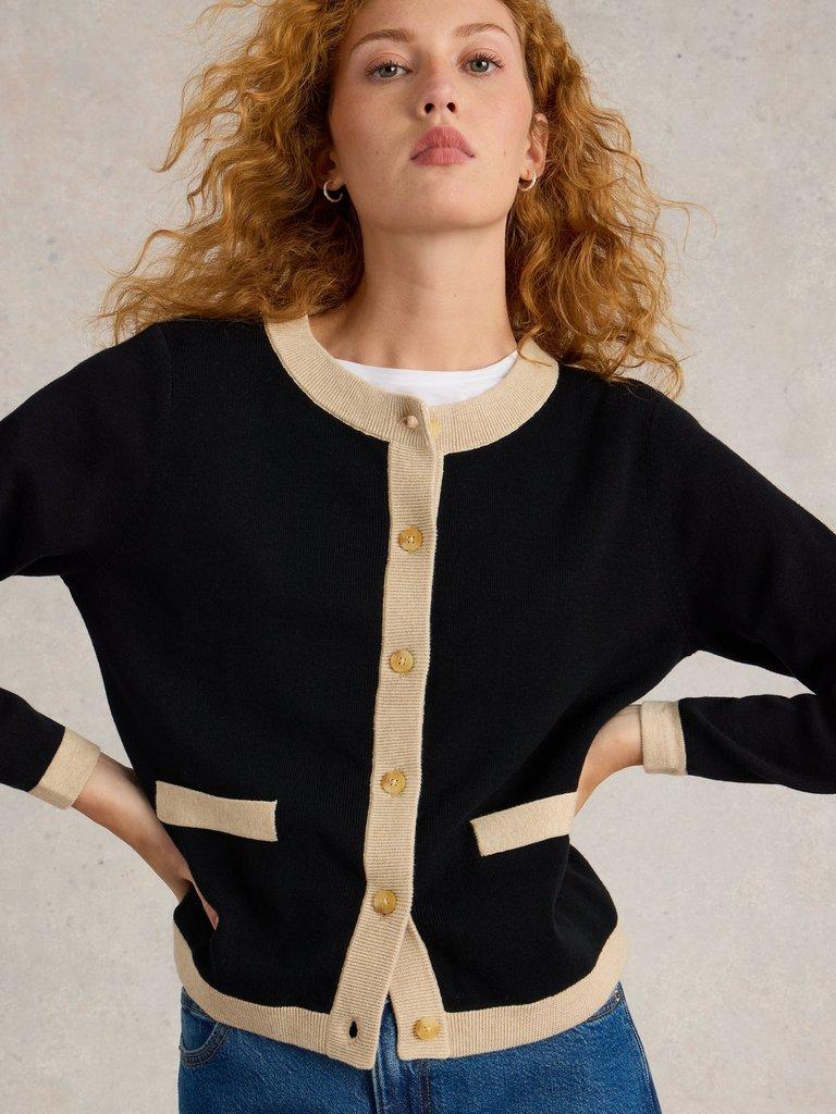 CHARLOTTE LONG SLEEVE CARDI in BLK MLT - MODEL DETAIL