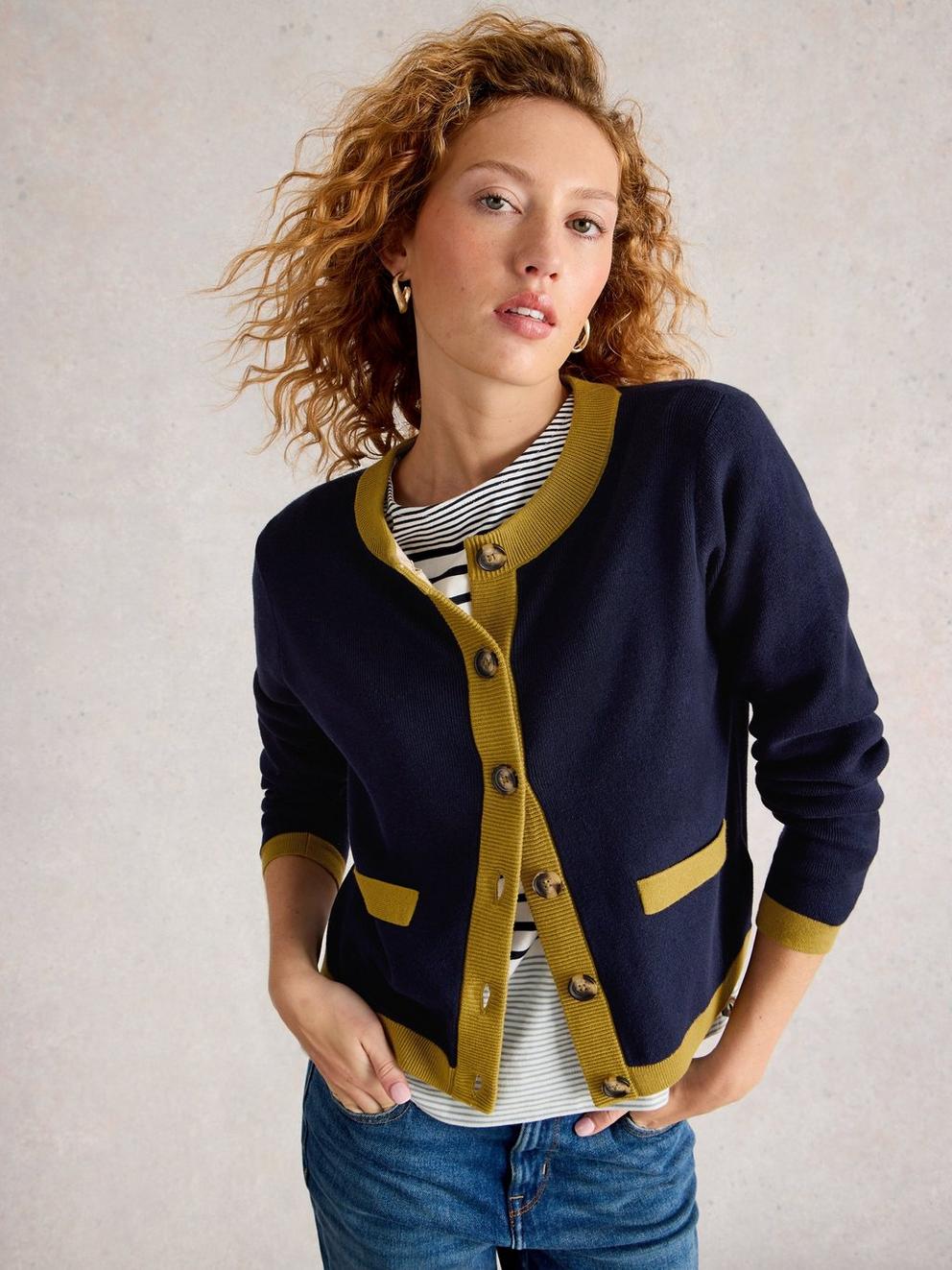 CHARLOTTE LONG SLEEVE CARDI in DARK NAVY - MODEL DETAIL