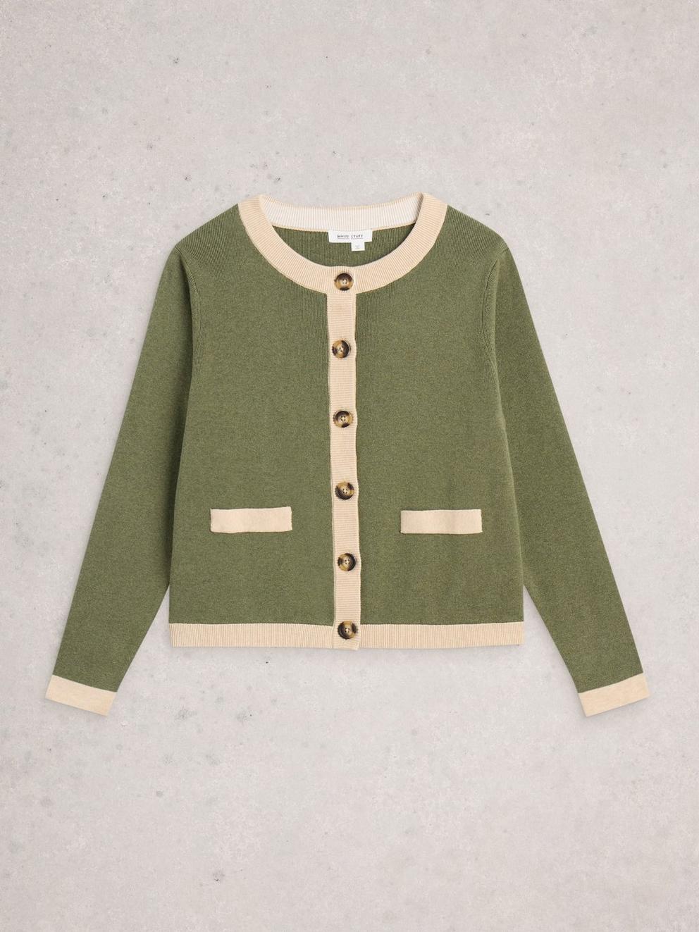 CHARLOTTE LONG SLEEVE CARDI in KHAKI GRN - FLAT FRONT