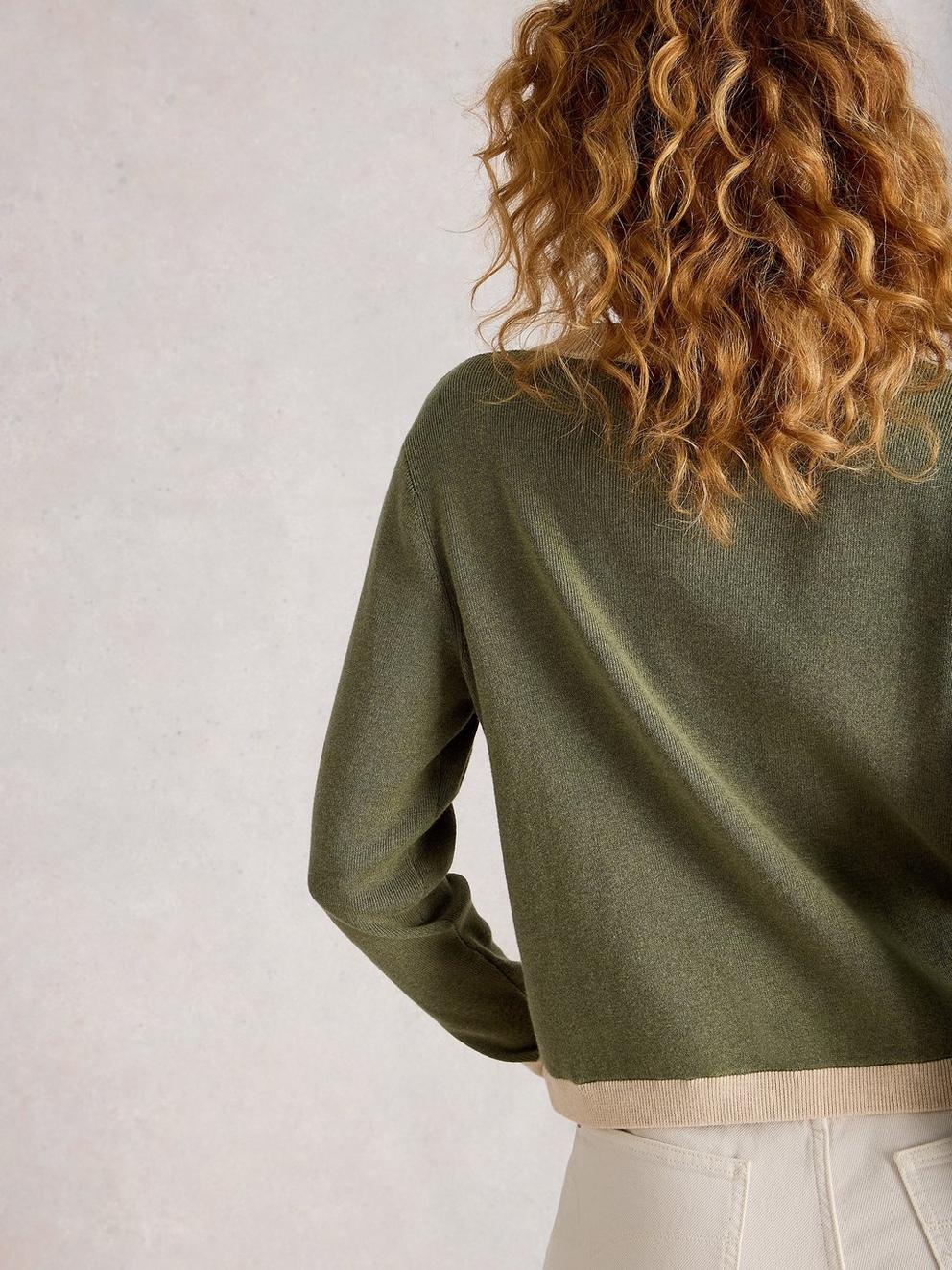 CHARLOTTE LONG SLEEVE CARDI in KHAKI GRN - MODEL BACK