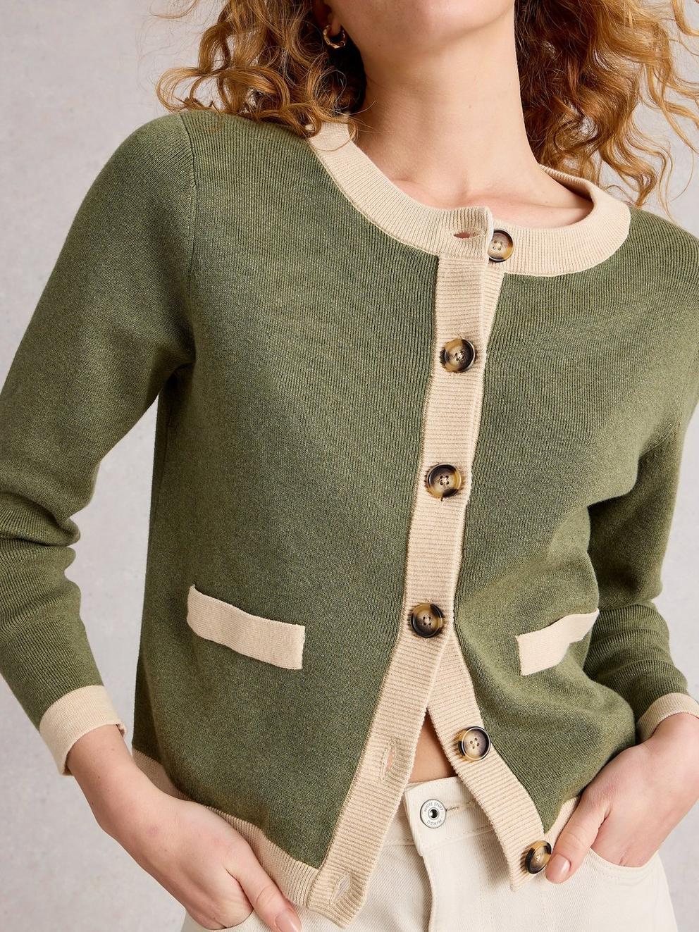 CHARLOTTE LONG SLEEVE CARDI in KHAKI GRN - MODEL DETAIL