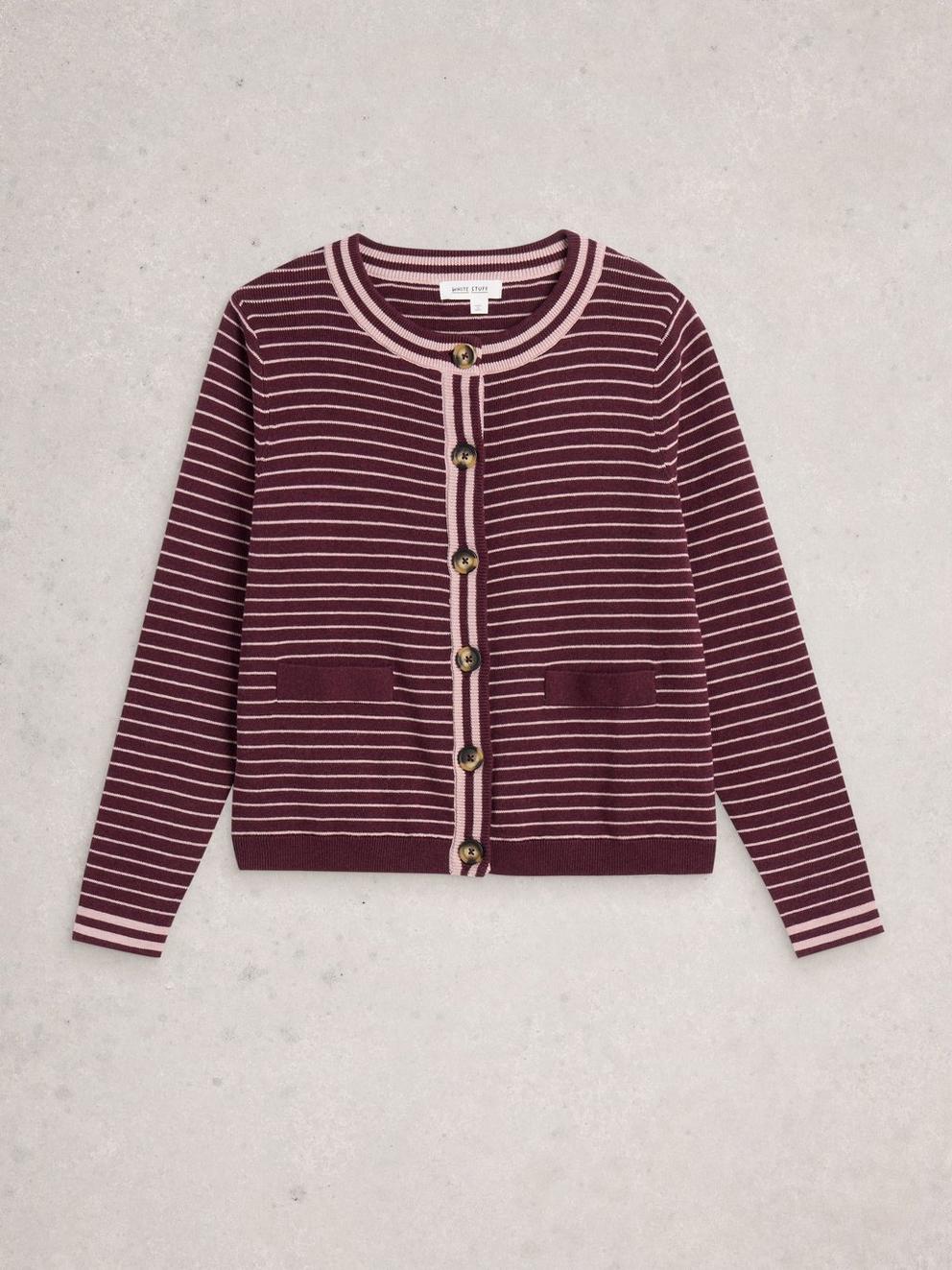 CHARLOTTE STRIPED CARDI in PLUM MLT - FLAT FRONT