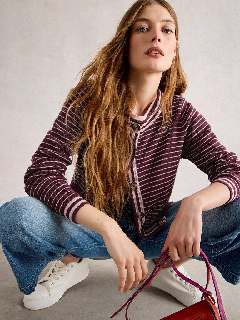 CHARLOTTE STRIPED CARDI in PLUM MLT - LIFESTYLE