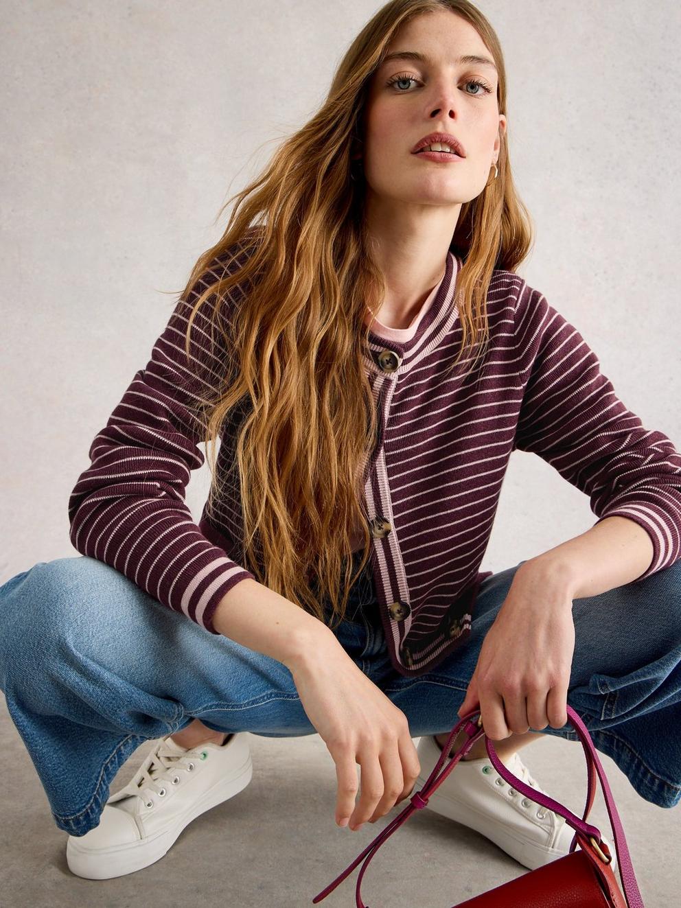 CHARLOTTE STRIPED CARDI in PLUM MLT - LIFESTYLE