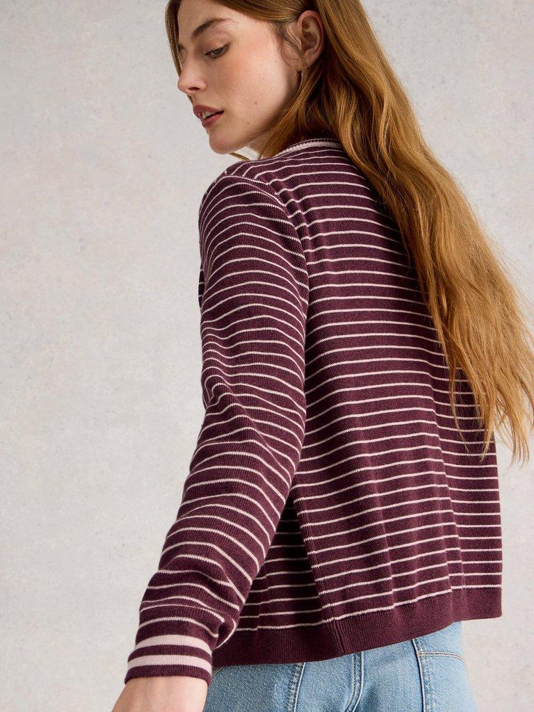 CHARLOTTE STRIPED CARDI in PLUM MLT - MODEL BACK