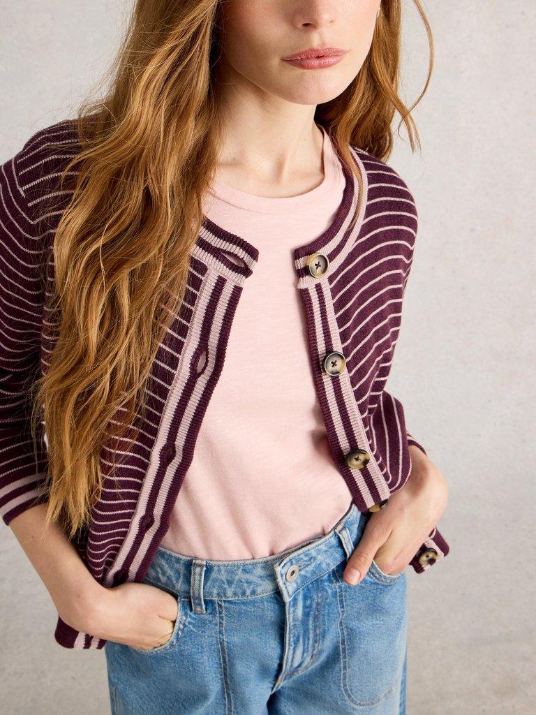 CHARLOTTE STRIPED CARDI in PLUM MLT - MODEL DETAIL