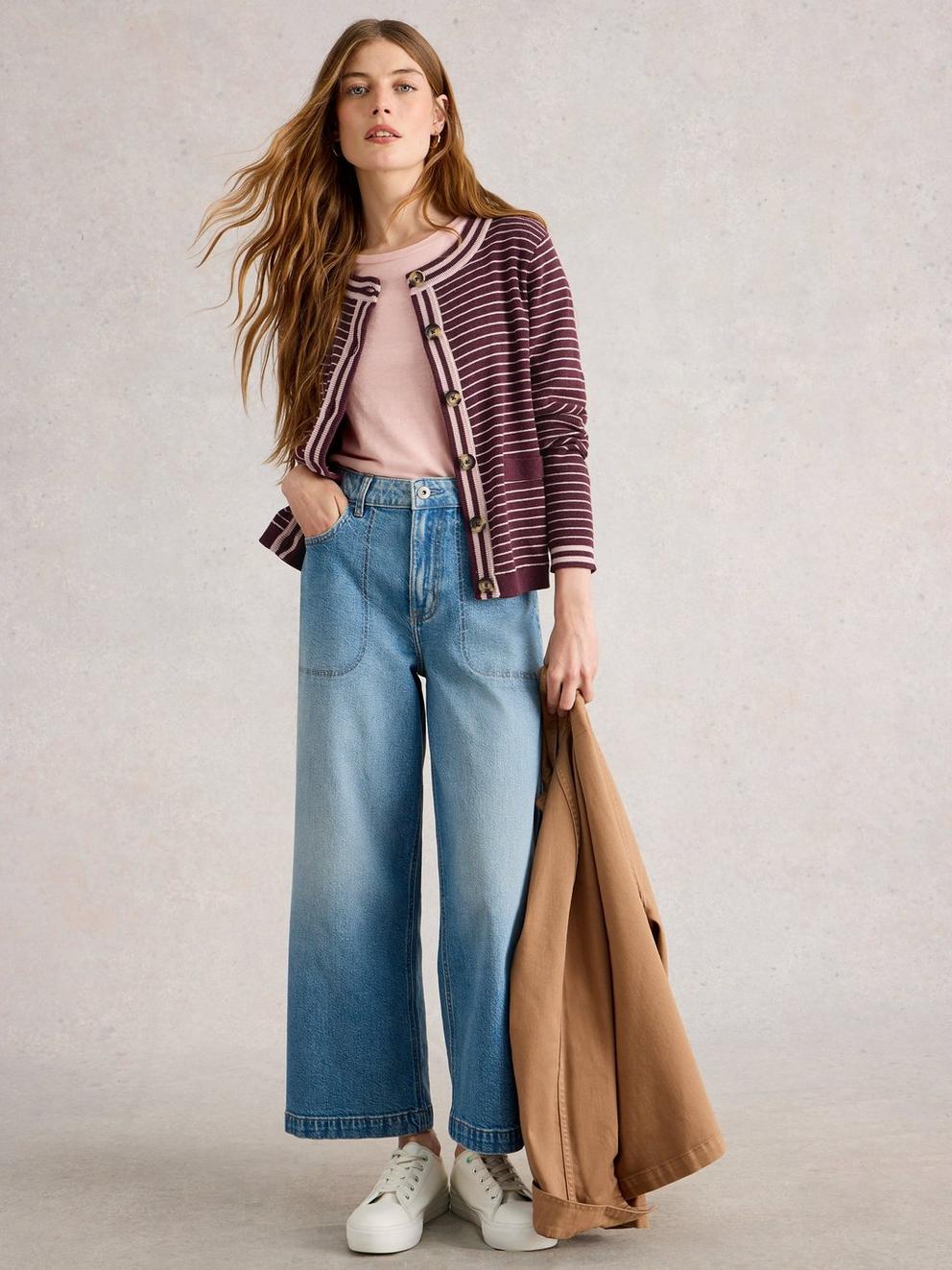 CHARLOTTE STRIPED CARDI in PLUM MLT - MODEL FRONT