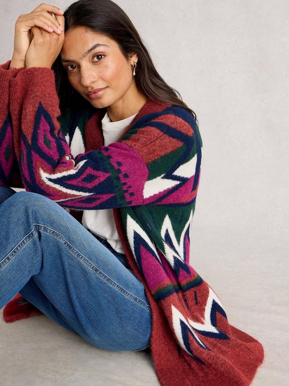ALICE ABSTRACT CARDI in PLUM MLT - MODEL DETAIL