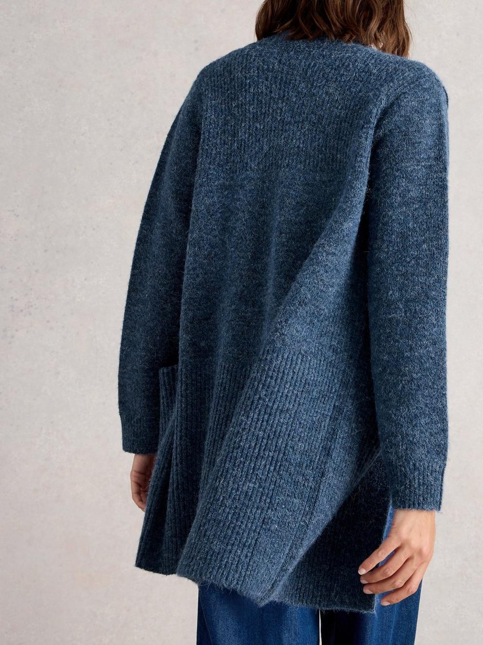 ERIN LONG LINE CARDI in DK BLUE - MODEL BACK