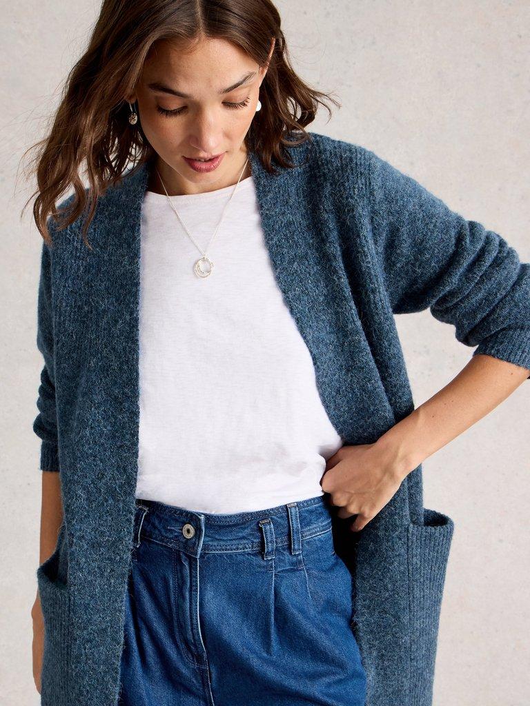 ERIN LONG LINE CARDI in DK BLUE - MODEL DETAIL