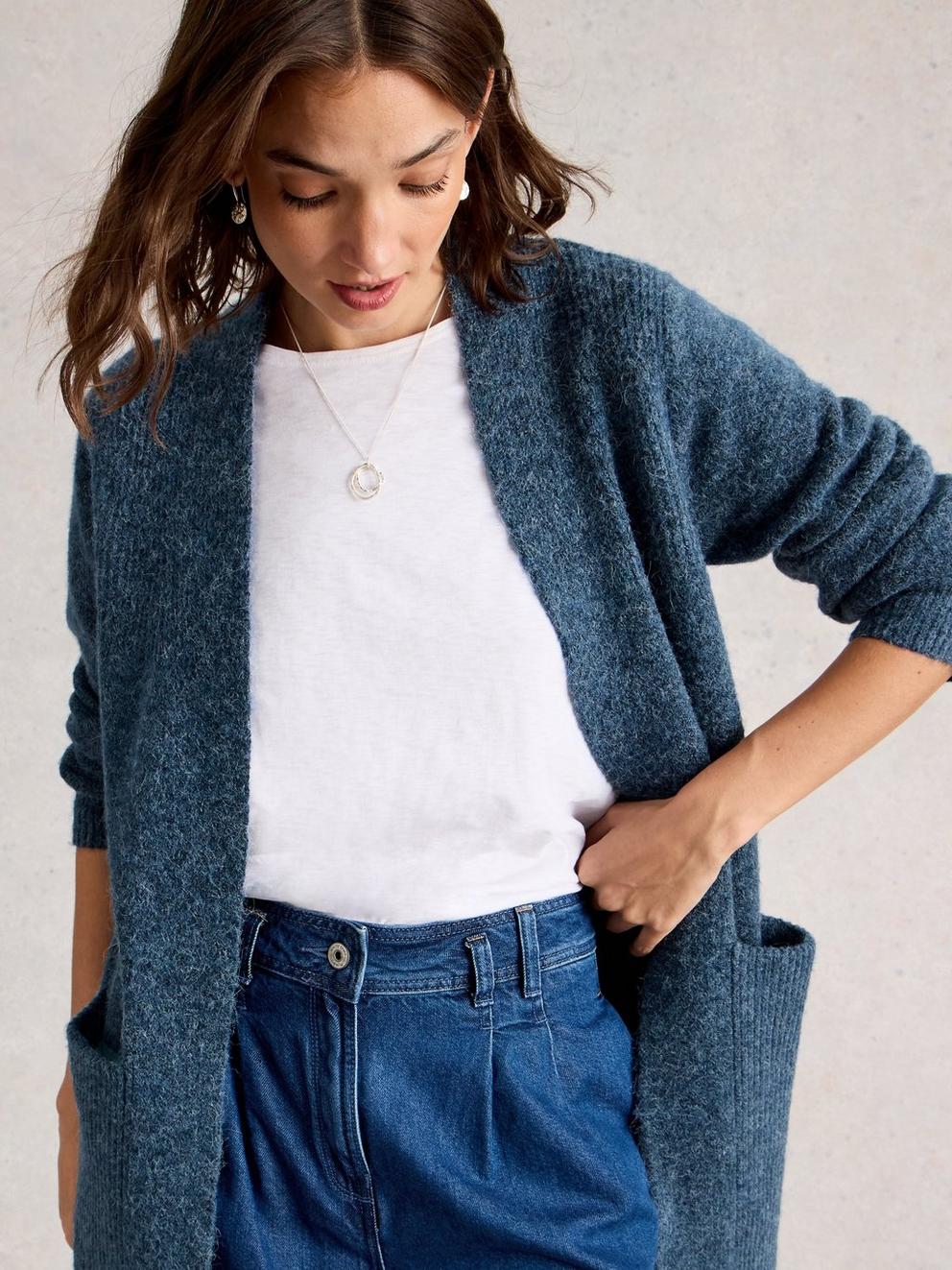 ERIN LONG LINE CARDI in DK BLUE - MODEL DETAIL