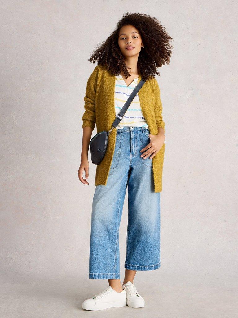 ERIN LONG LINE CARDI in MID CHART - MODEL FRONT
