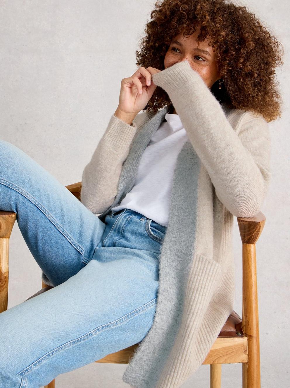 ERIN LONG LINE CARDI in NAT MLT - MODEL DETAIL