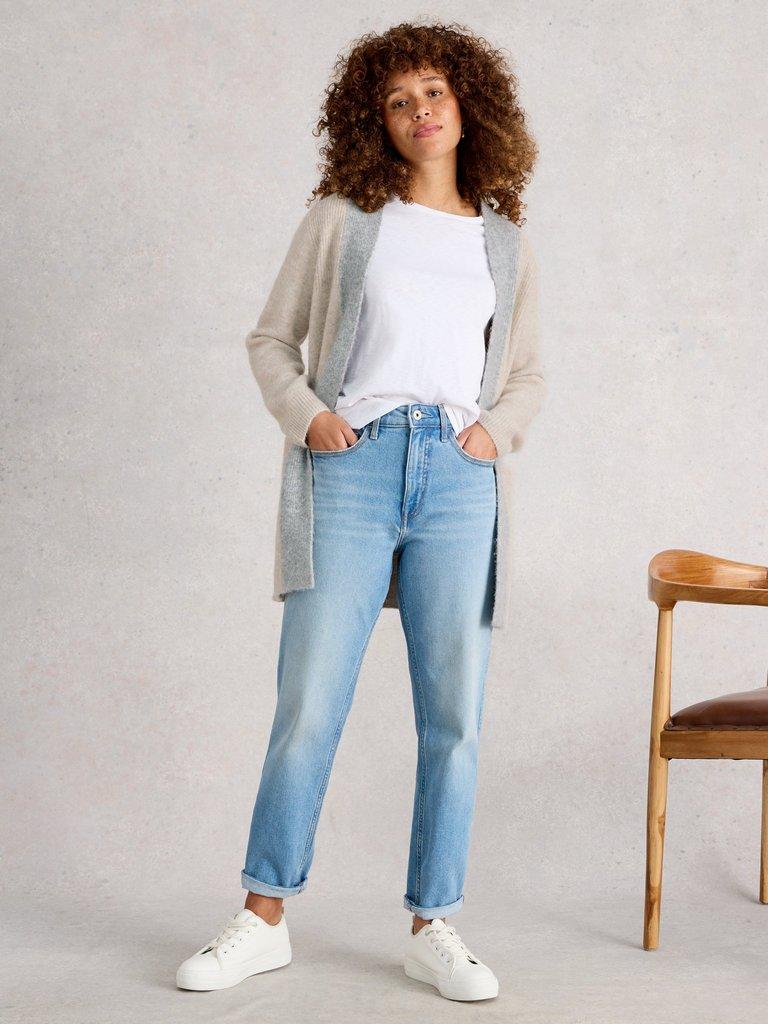ERIN LONG LINE CARDI in NAT MLT - MODEL FRONT