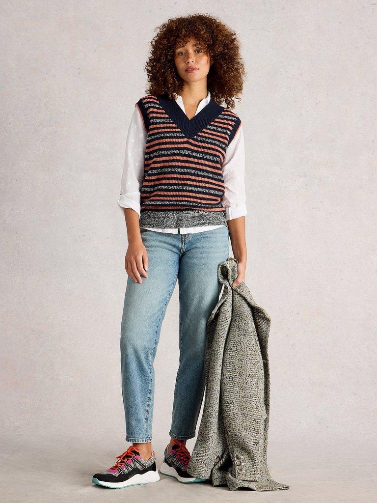 MEG STRIPE TANK in NAVY MULTI - MODEL FRONT