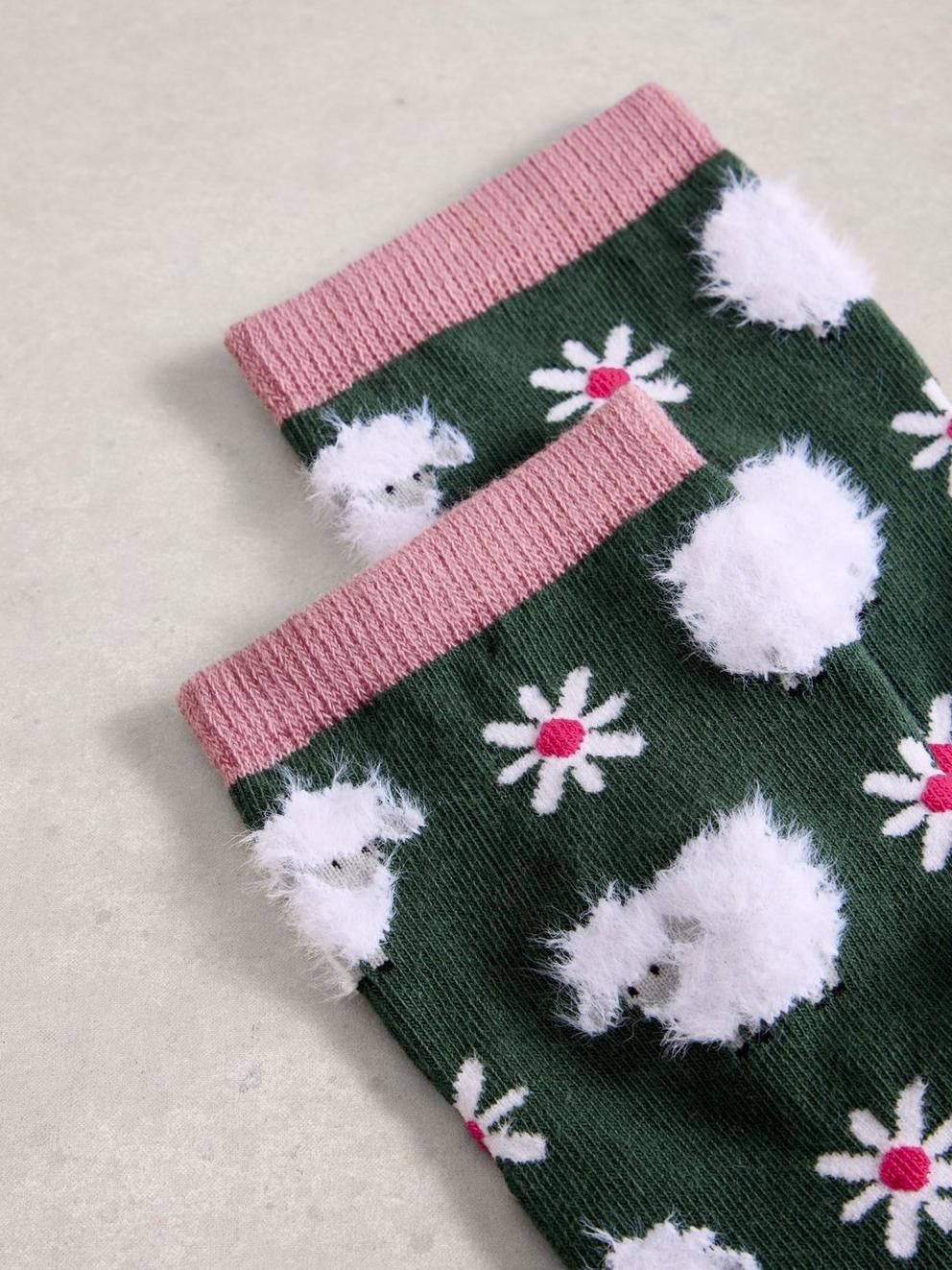Fluffy Ankle Sock in DK GREEN - FLAT DETAIL