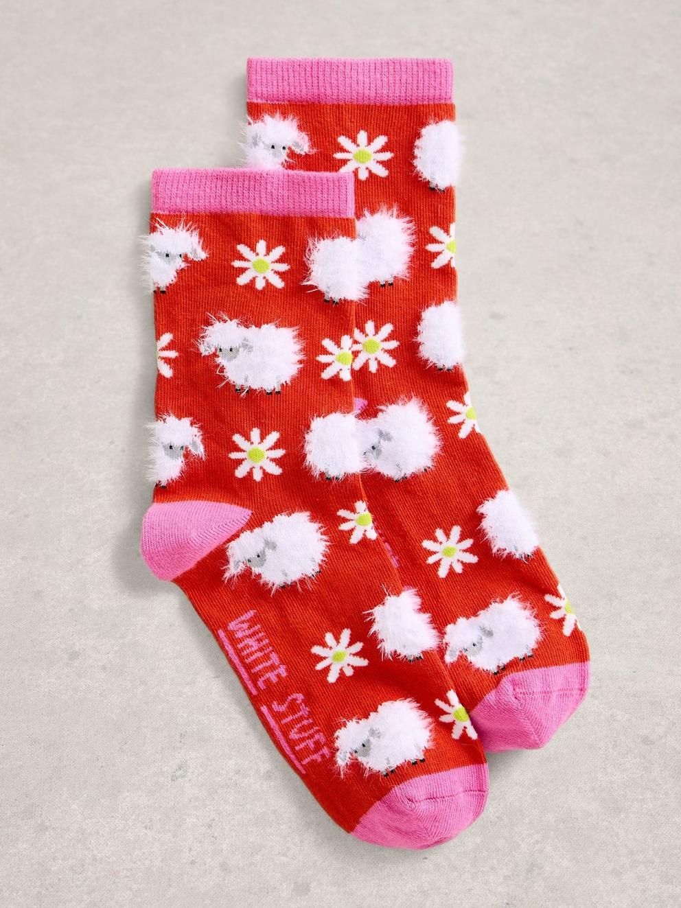 Fluffy Ankle Sock in RED MLT - FLAT FRONT