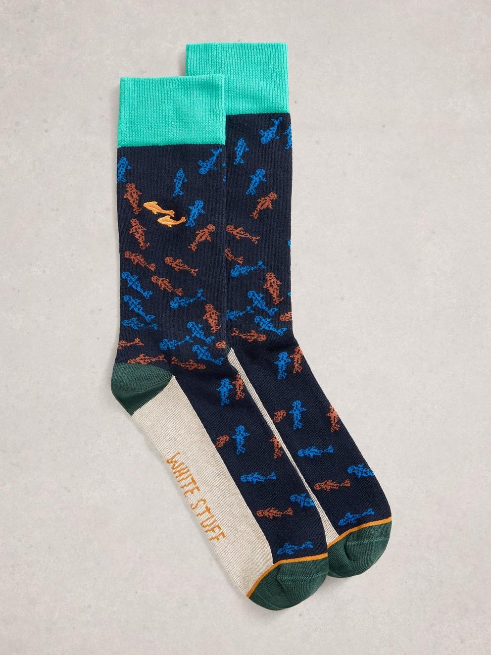 Embroidered Ankle Socks in NAVY MULTI - FLAT FRONT