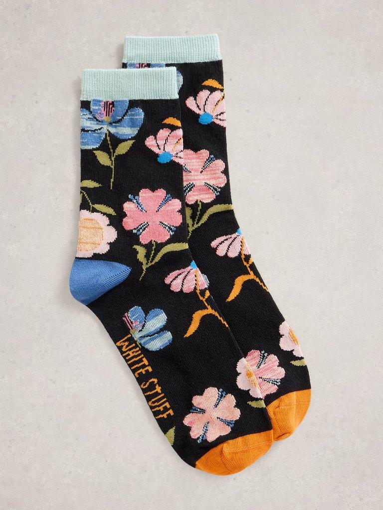 Floral Ankle Socks in BLK MLT - FLAT FRONT