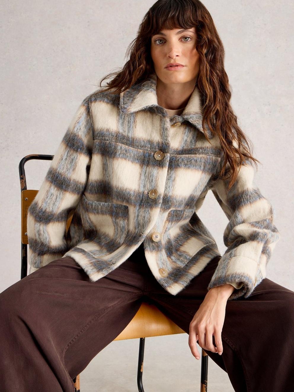 Alexa Check Wool Blend Jacket in BLUE MULTI | White Stuff
