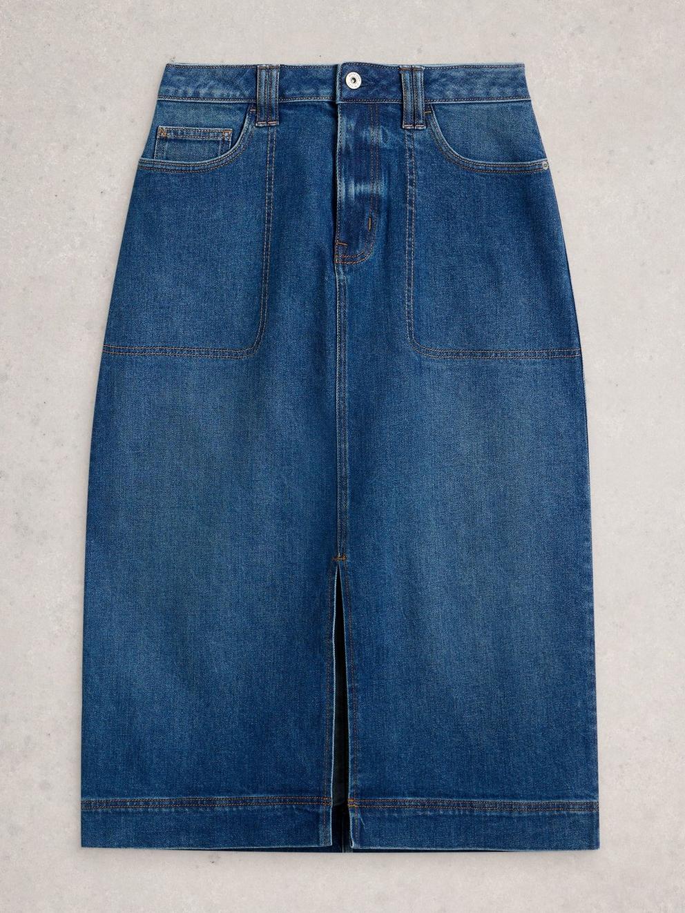 Tia Denim Midi Skirt in MID DENIM - FLAT FRONT