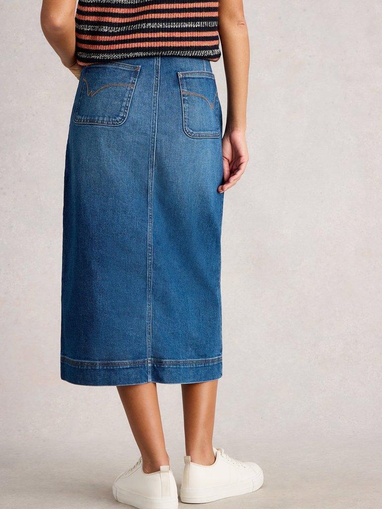 Tia Denim Midi Skirt in MID DENIM - MODEL BACK