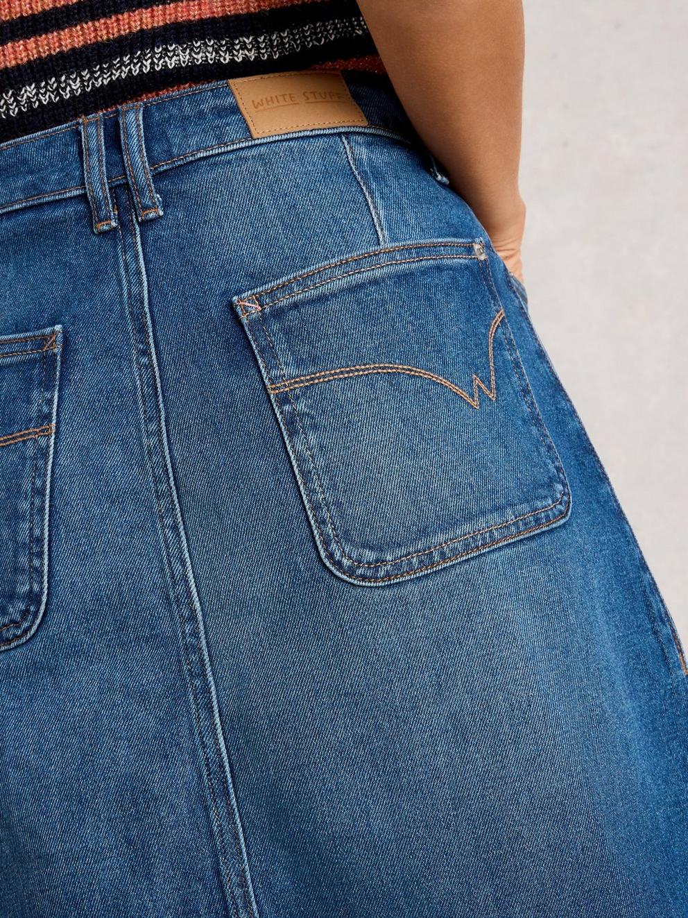 Tia Denim Midi Skirt in MID DENIM - MODEL DETAIL