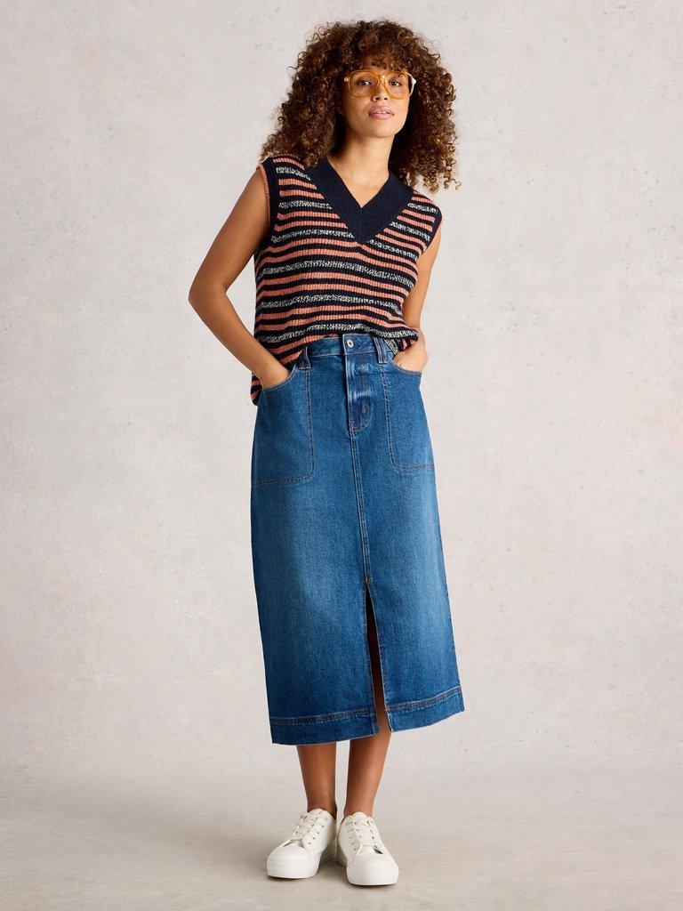Tia Denim Midi Skirt in MID DENIM - MODEL FRONT