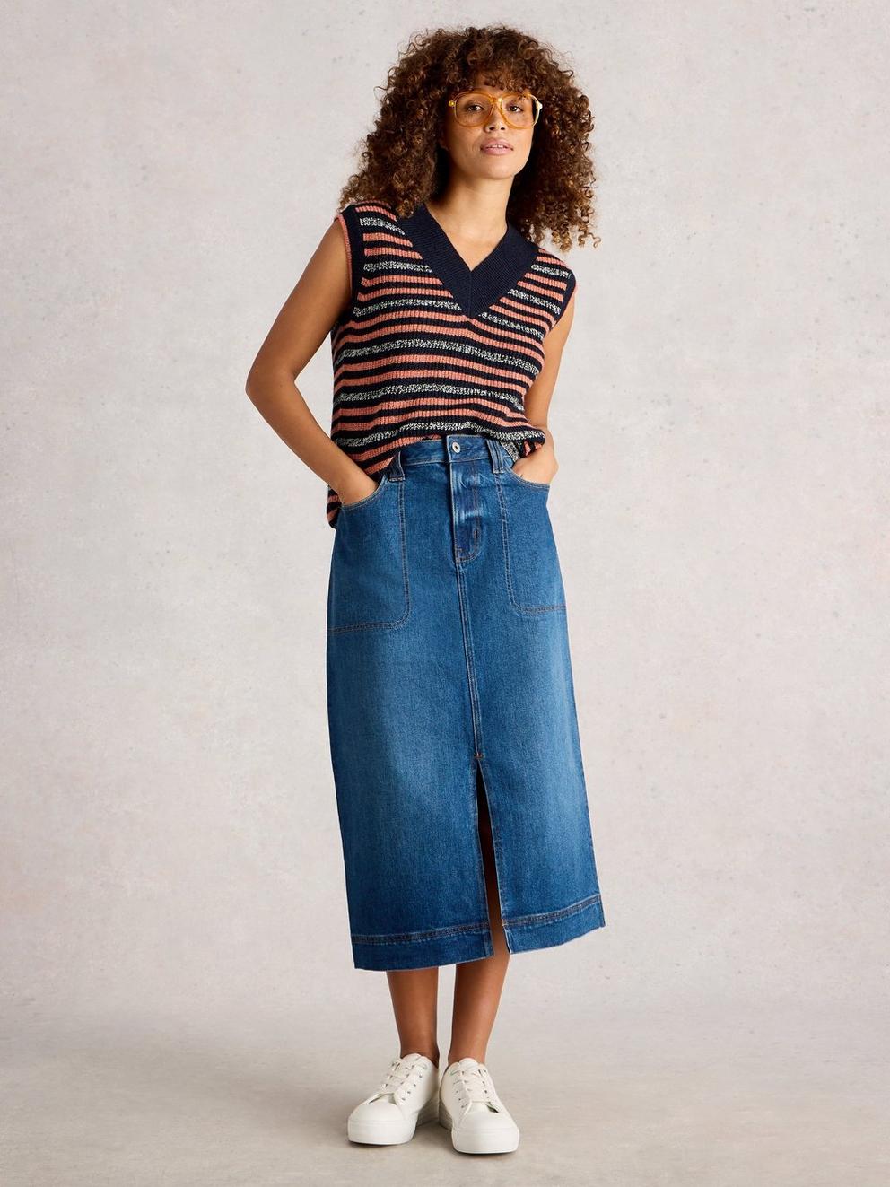 Tia Denim Midi Skirt in MID DENIM - MODEL FRONT
