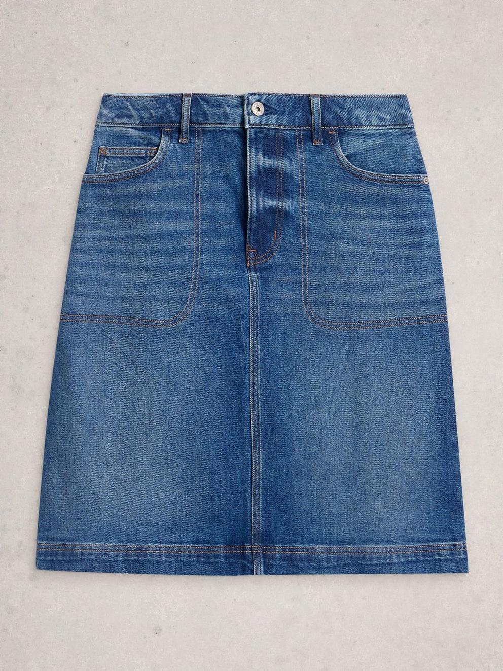 Tia Denim Skirt in MID DENIM - FLAT FRONT