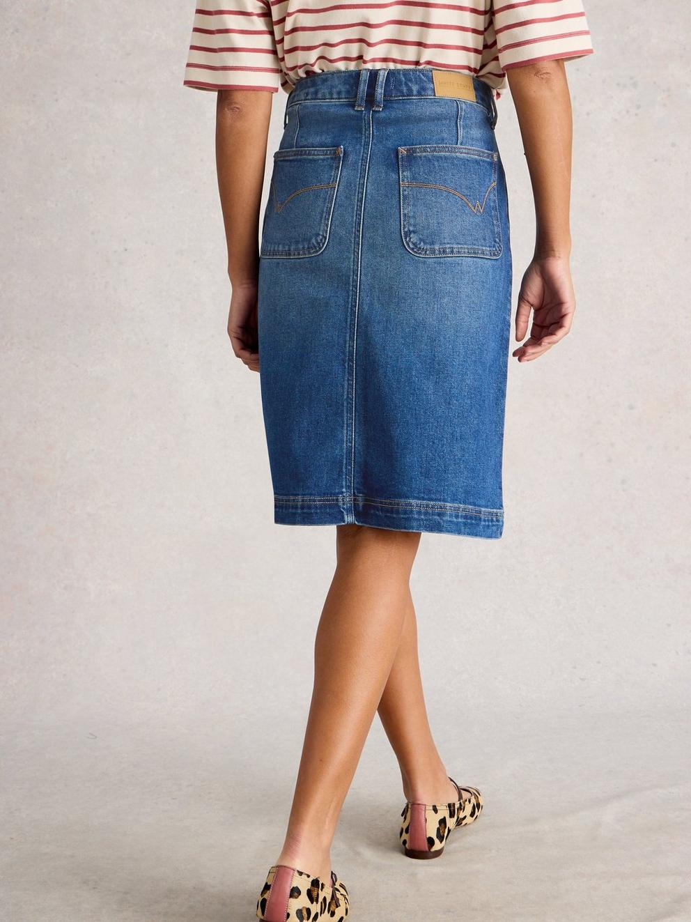 Tia Denim Skirt in MID DENIM - MODEL BACK
