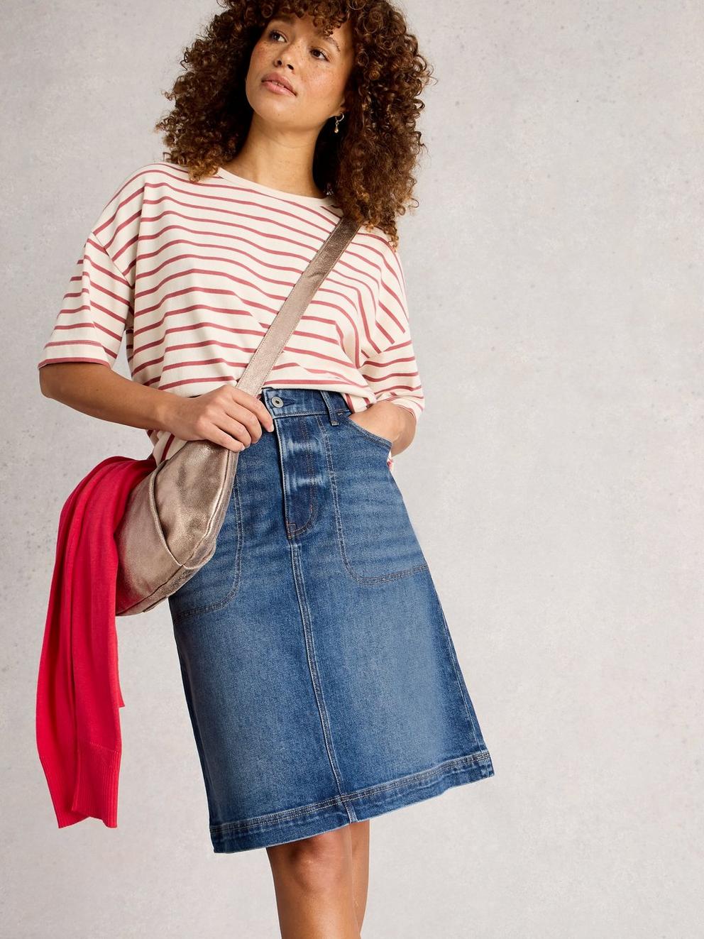 Tia Denim Skirt in MID DENIM - MODEL DETAIL