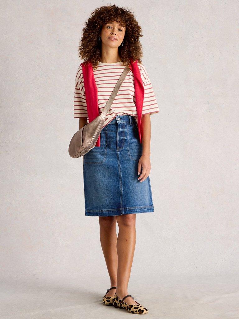 Tia Denim Skirt in MID DENIM - MODEL FRONT