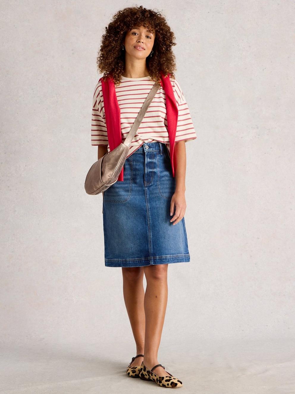 Tia Denim Skirt in MID DENIM - MODEL FRONT