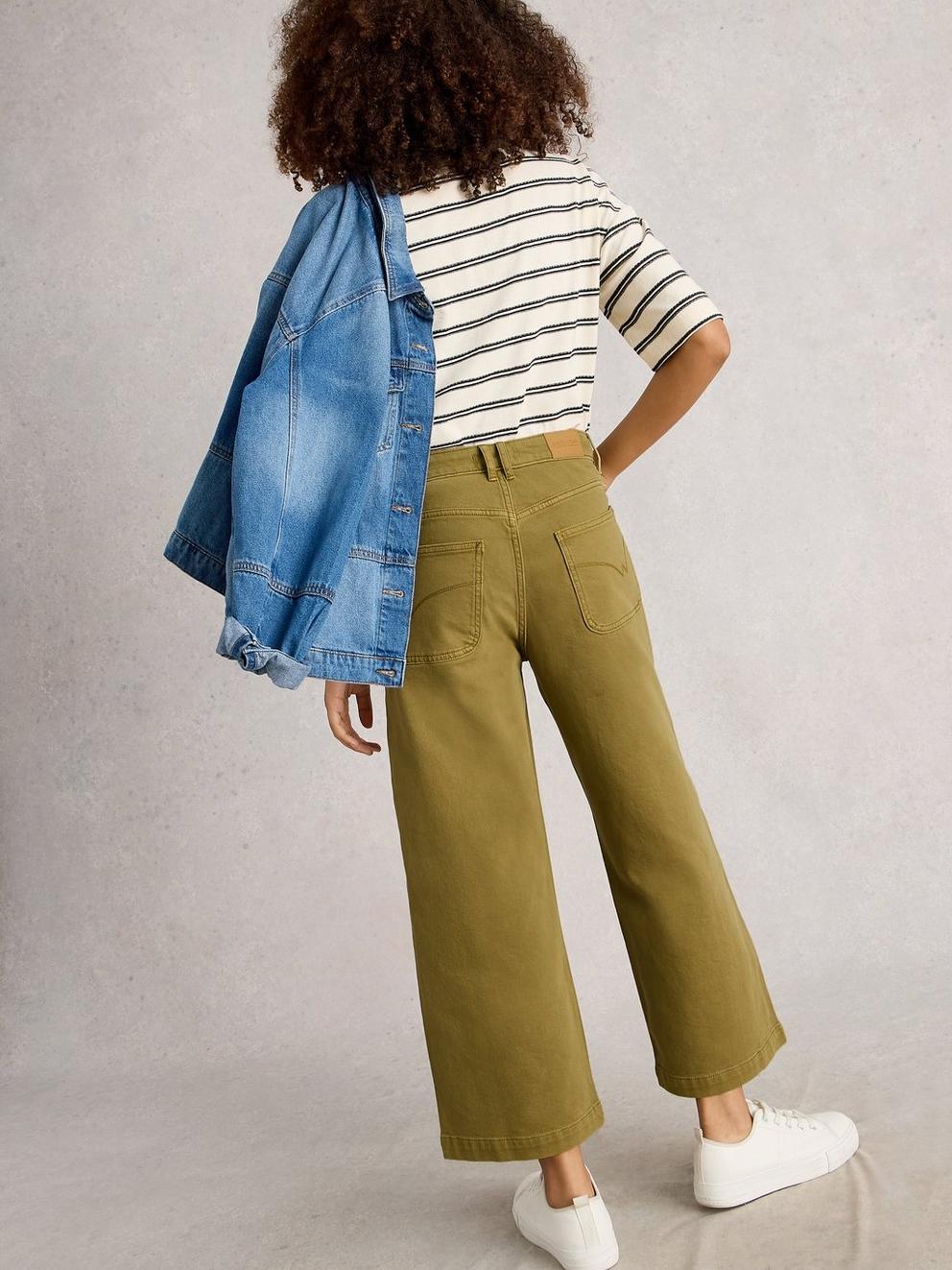Crop Tia Wide Leg Jean in KHAKI GRN - MODEL BACK