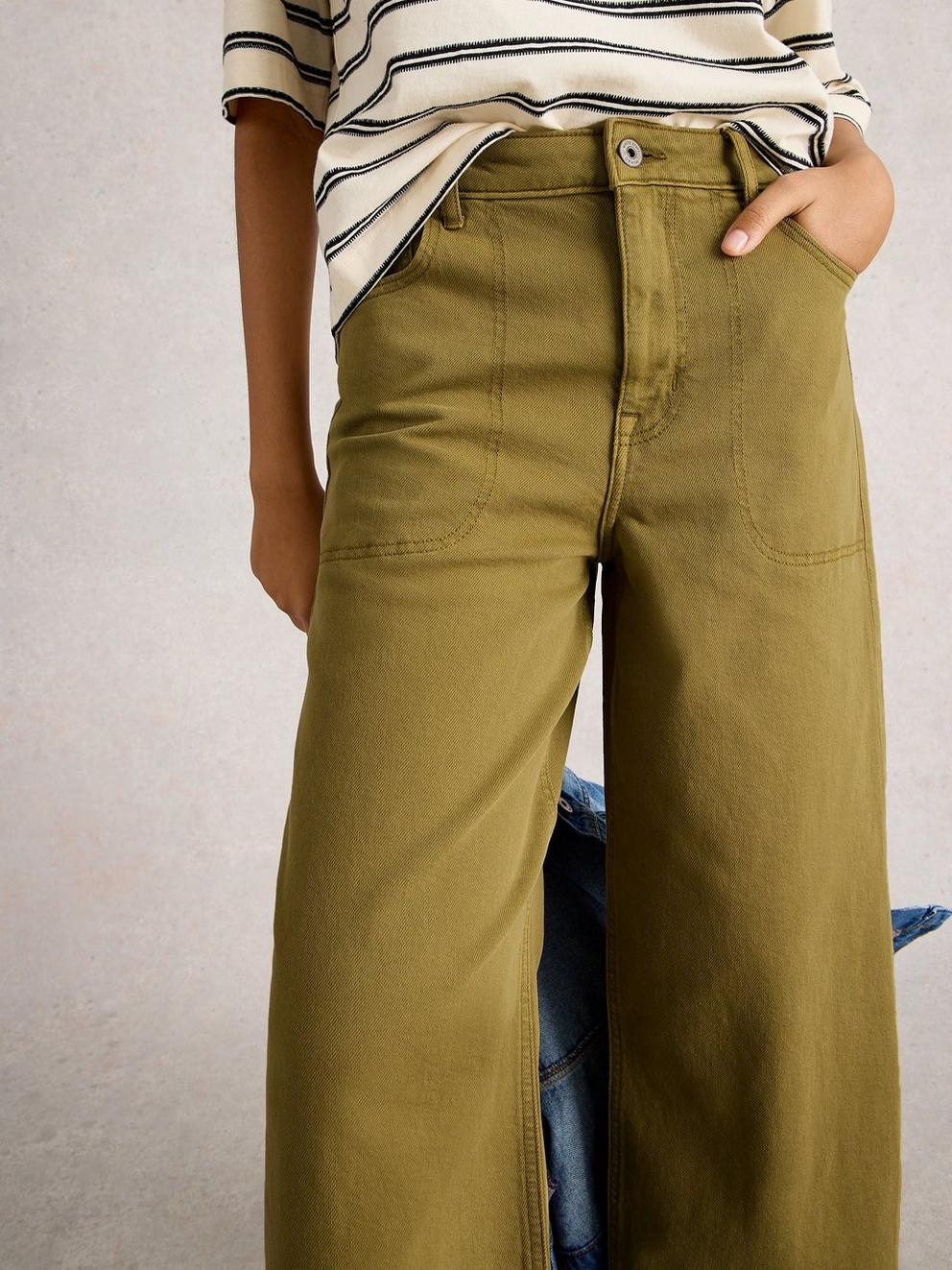 Crop Tia Wide Leg Jean in KHAKI GRN - MODEL DETAIL