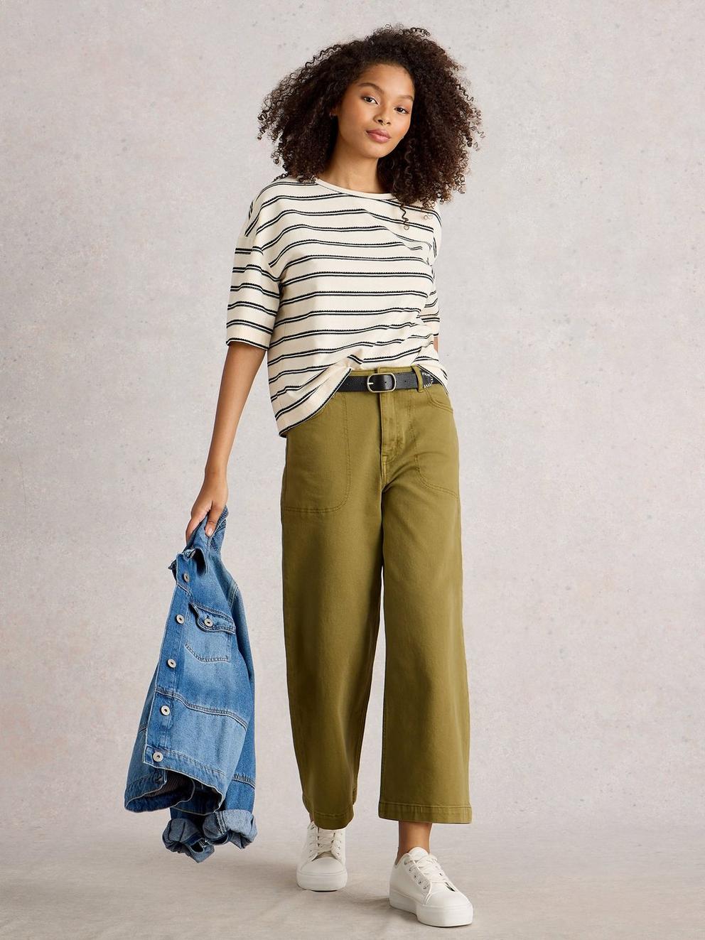 Crop Tia Wide Leg Jean in KHAKI GRN - MODEL FRONT