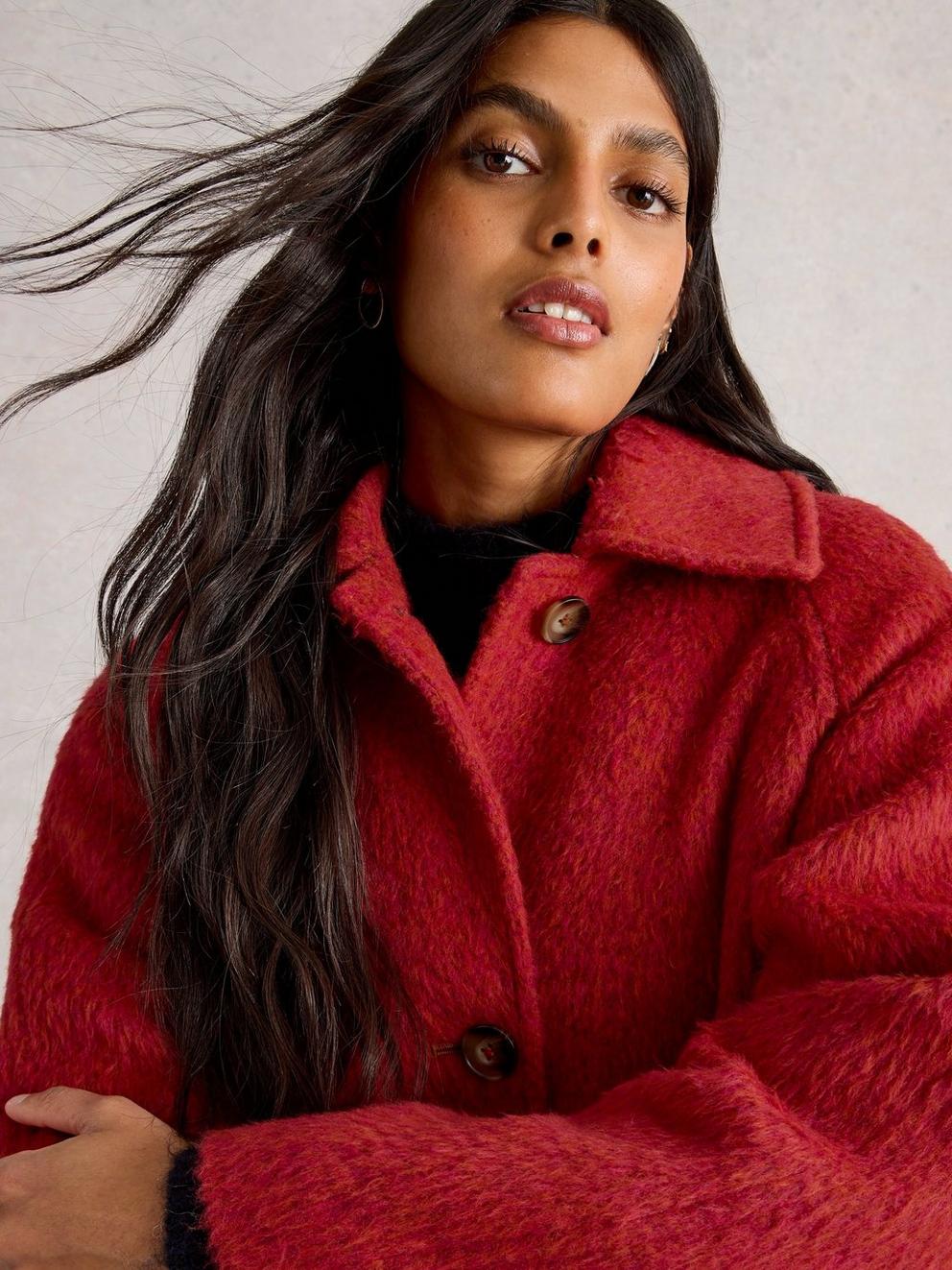 Kelsey Wool Blend Coat in BRT RED - MODEL DETAIL