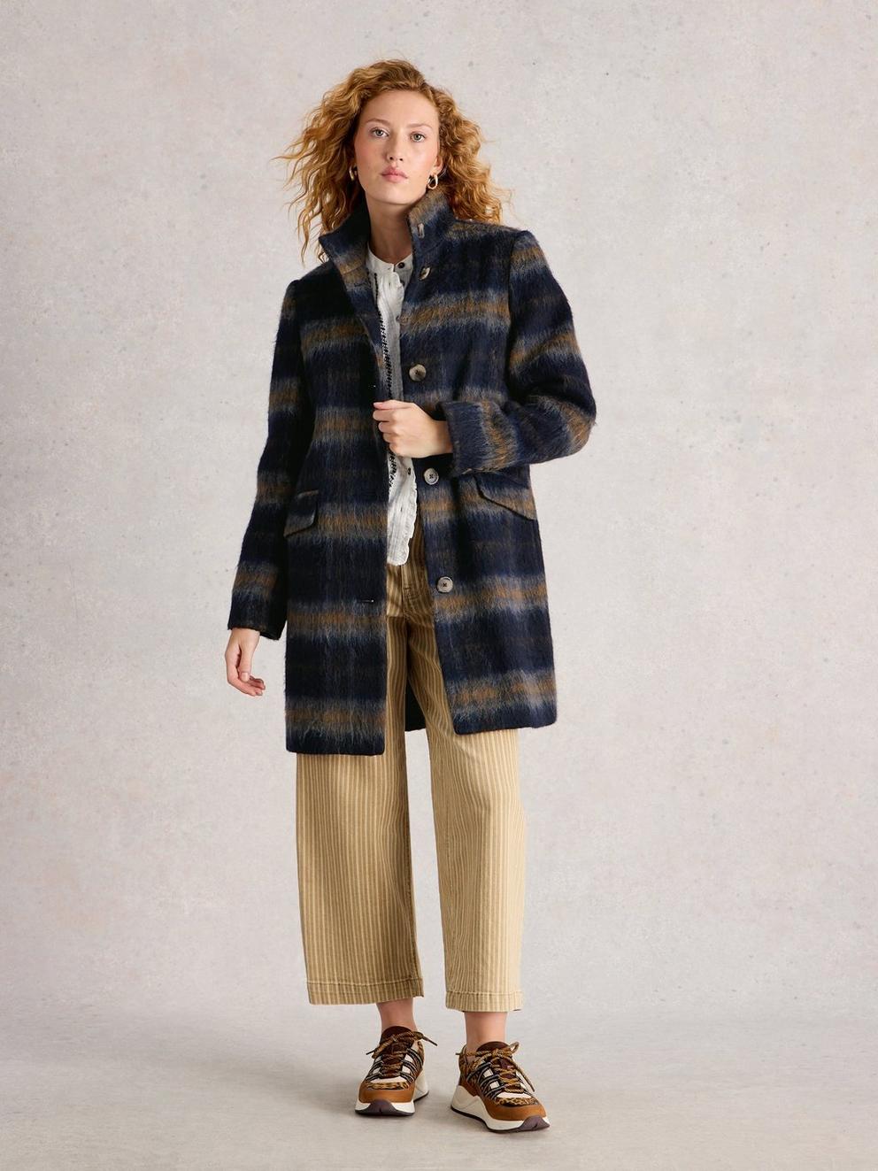 Karla Check Wool Blend Coat in BLUE MLT - MODEL FRONT