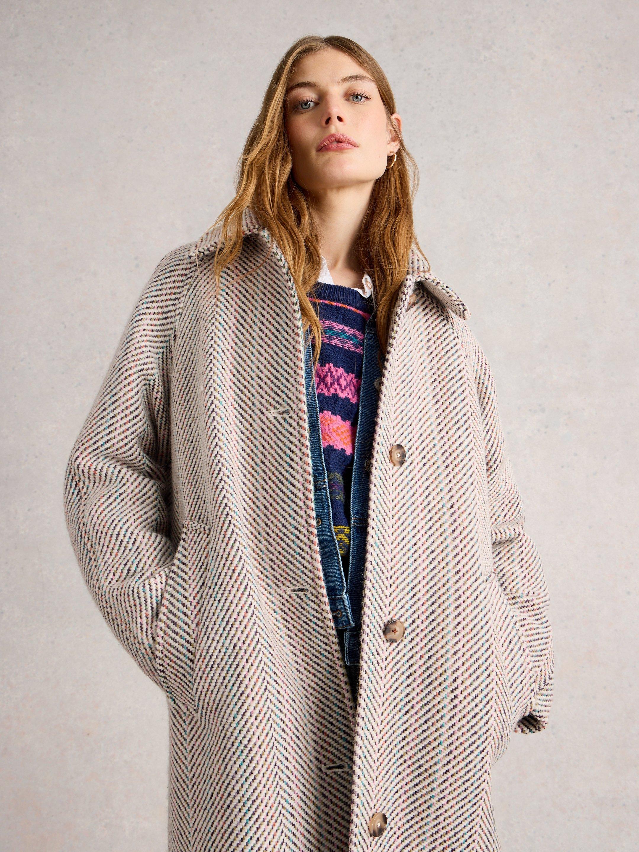 Kelsey Texture Wool Blend Coat in IVORY MULTI | White Stuff