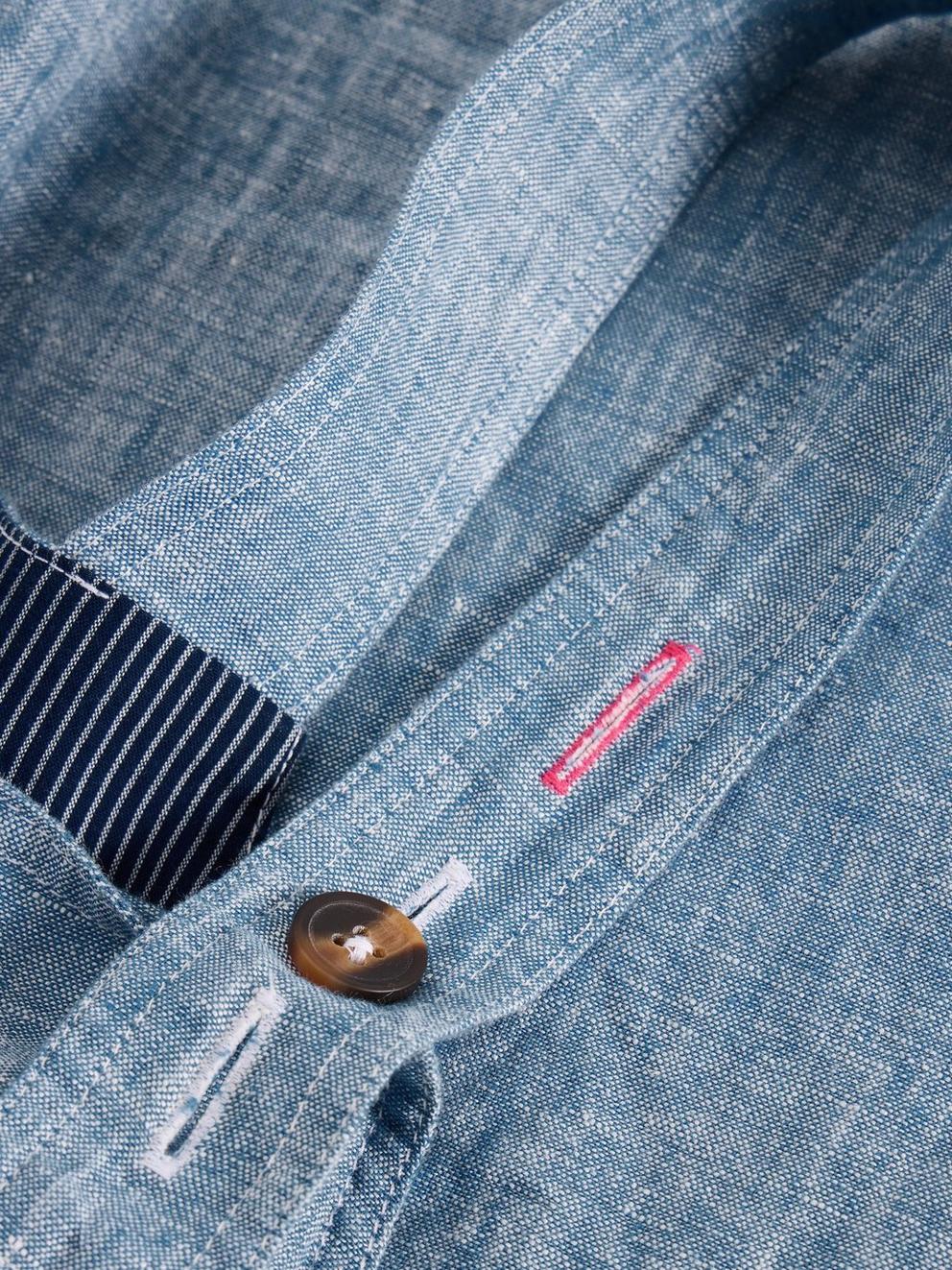 Vivian Linen Dungaree in CHAMB BLUE - FLAT DETAIL