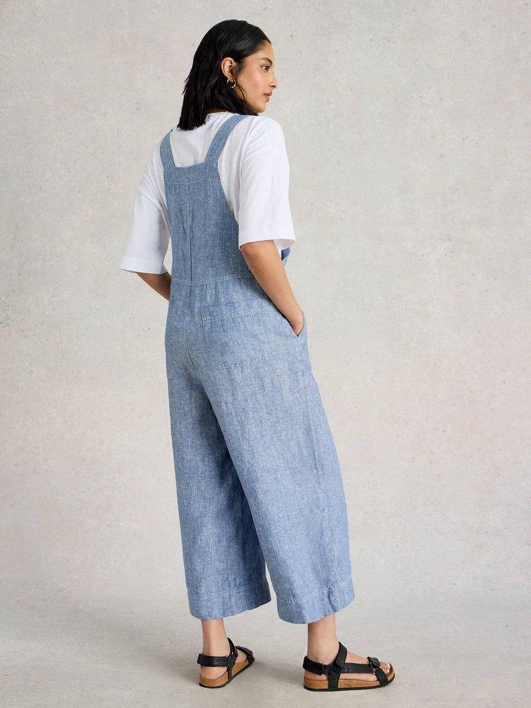 Vivian Linen Dungaree in CHAMB BLUE - MODEL BACK