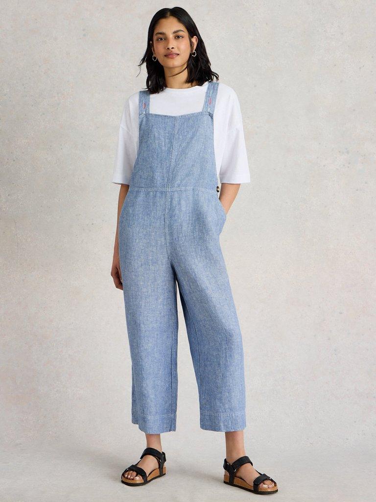 Vivian Linen Dungaree in CHAMB BLUE - MODEL FRONT