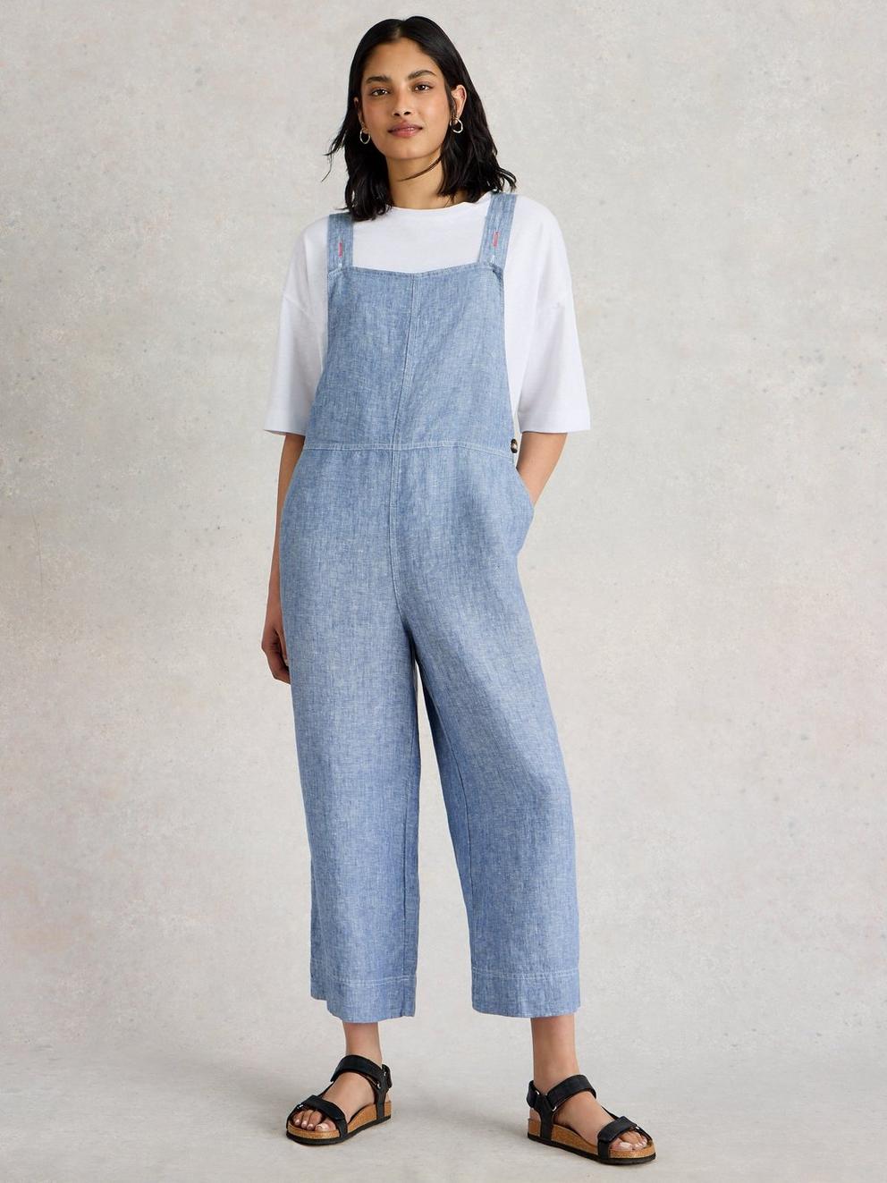 Vivian Linen Dungaree in CHAMB BLUE - MODEL FRONT