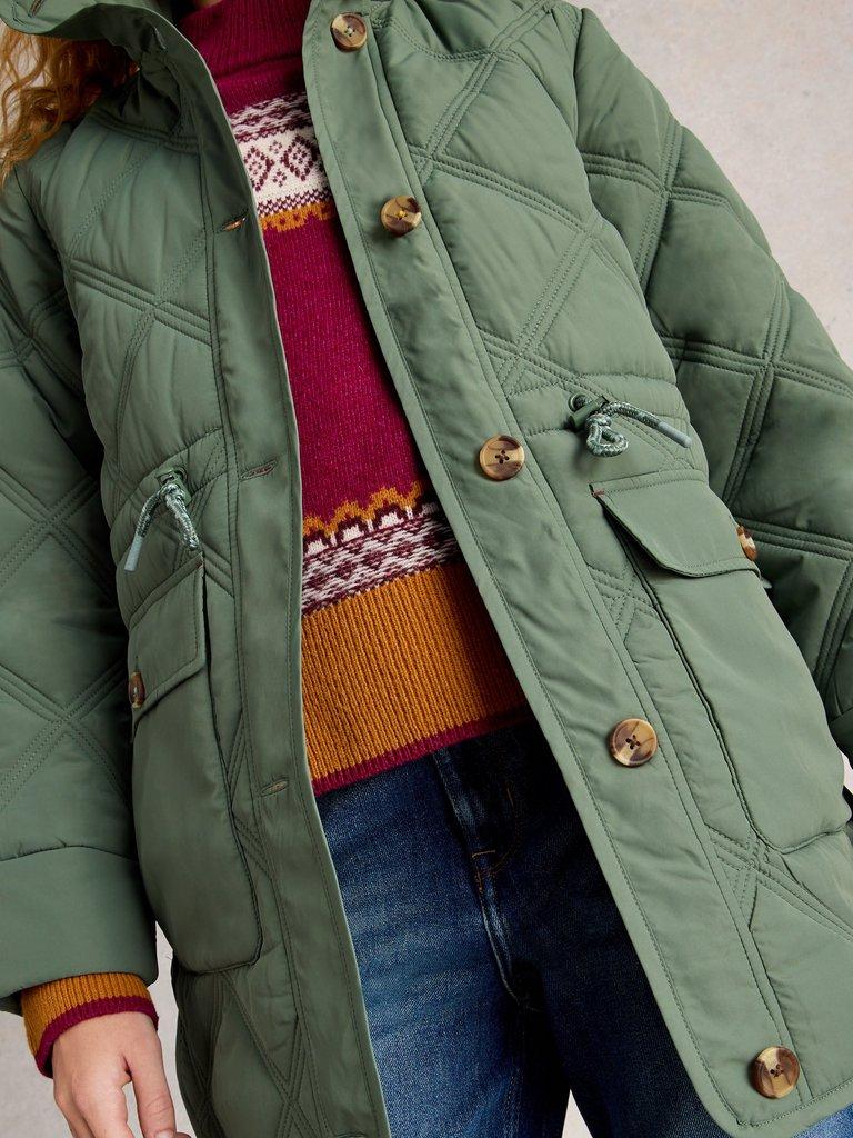 Edie Quilted Coat in DUS GREEN - MODEL DETAIL
