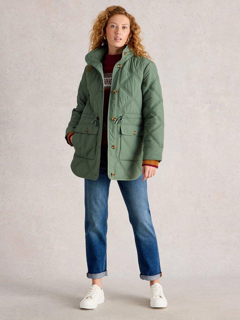 Edie Quilted Coat in DUS GREEN - MODEL FRONT